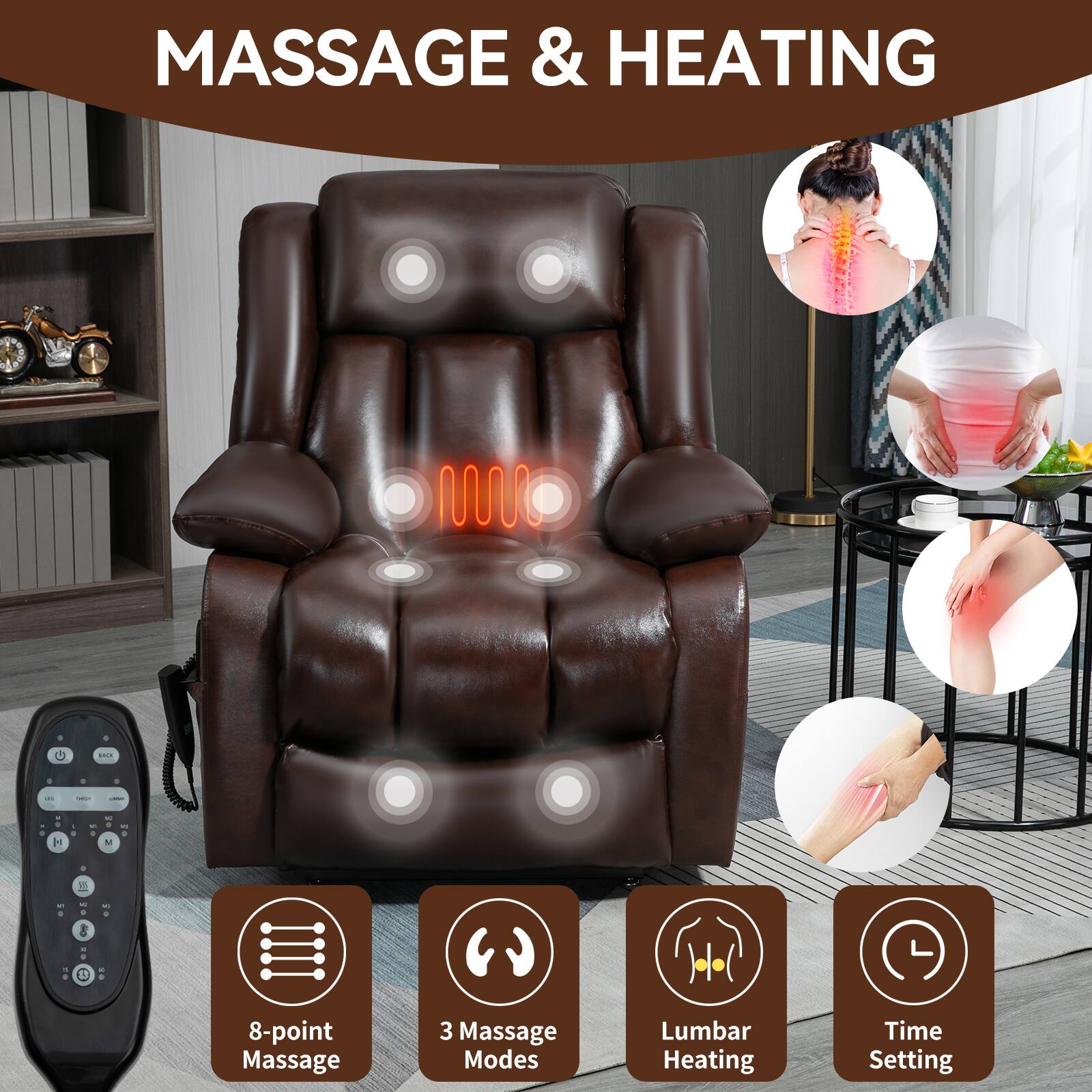 MASSAGE & HEATING

- 8-point Massage
- 3 Massage Modes
- Lumbar Heating
- Time Setting
