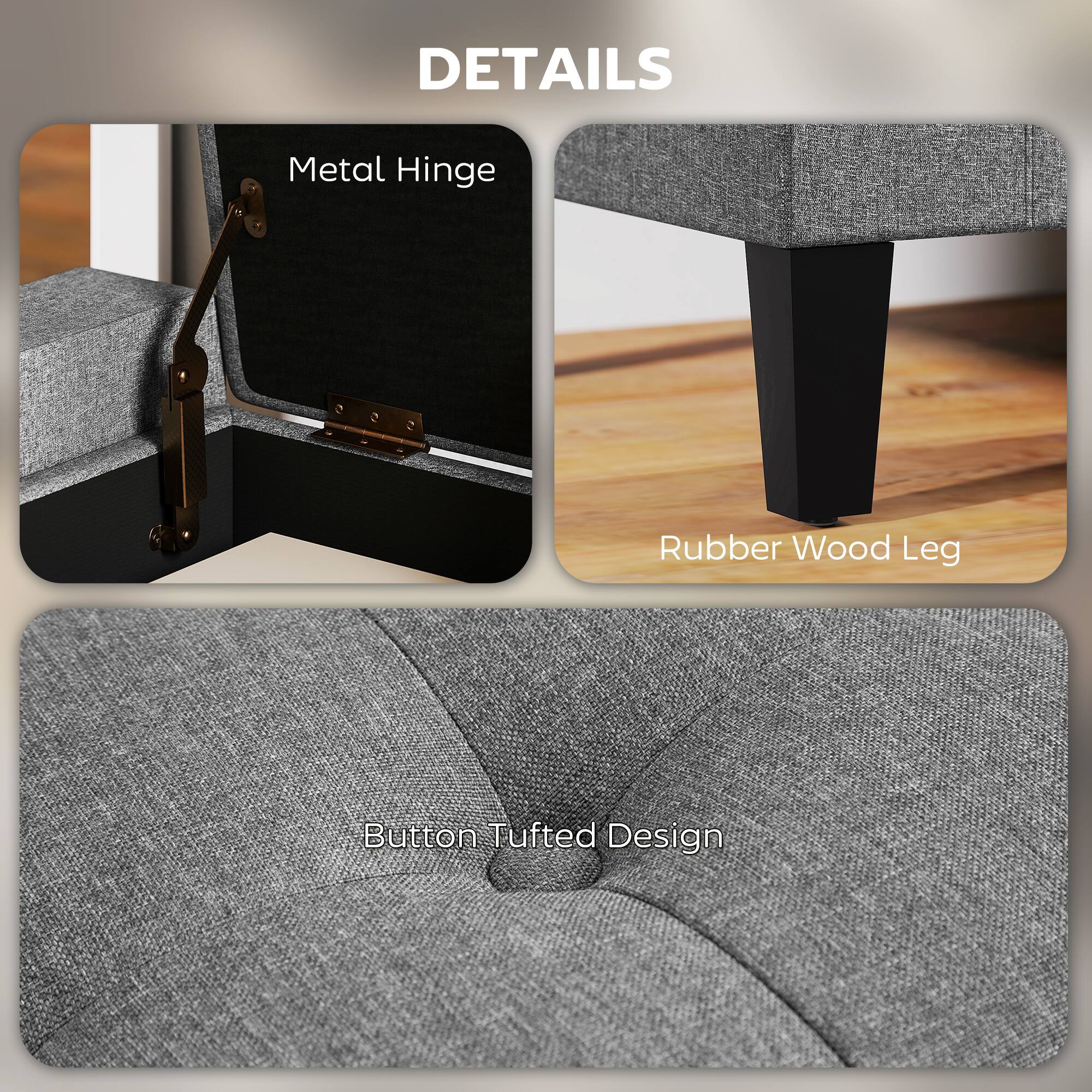 DETAILS
- Metal Hinge
- Rubber Wood Leg
- Button Tufted Design