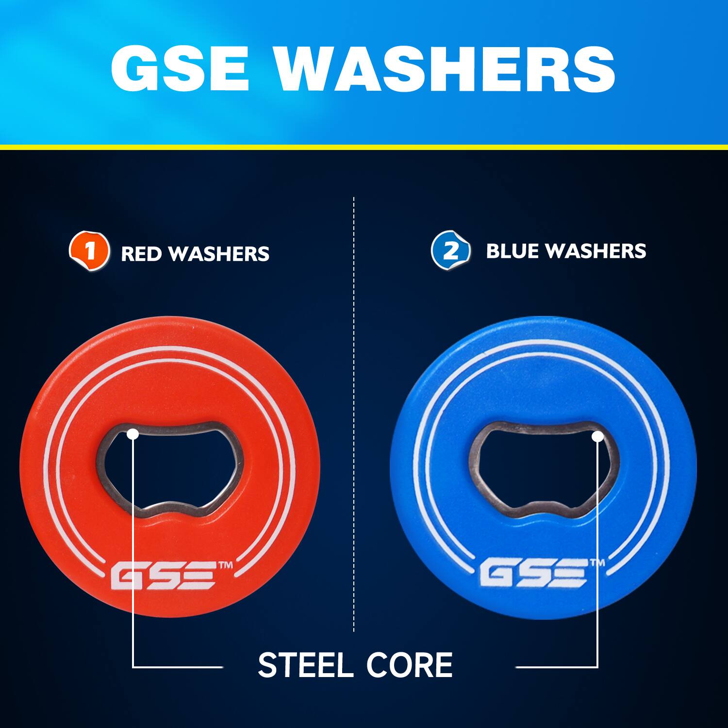 GSE WASHERS

1 RED WASHERS  
2 BLUE WASHERS  

STEEL CORE