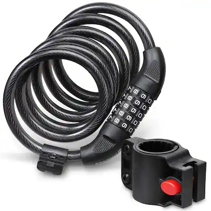 Front. Fosmon - 6FT Bike Lock Cable, Anti Theft 5-Digit Combination Lock, Bicycle Lock with Mounting Bracket, Bike Chain & Lock - Black.