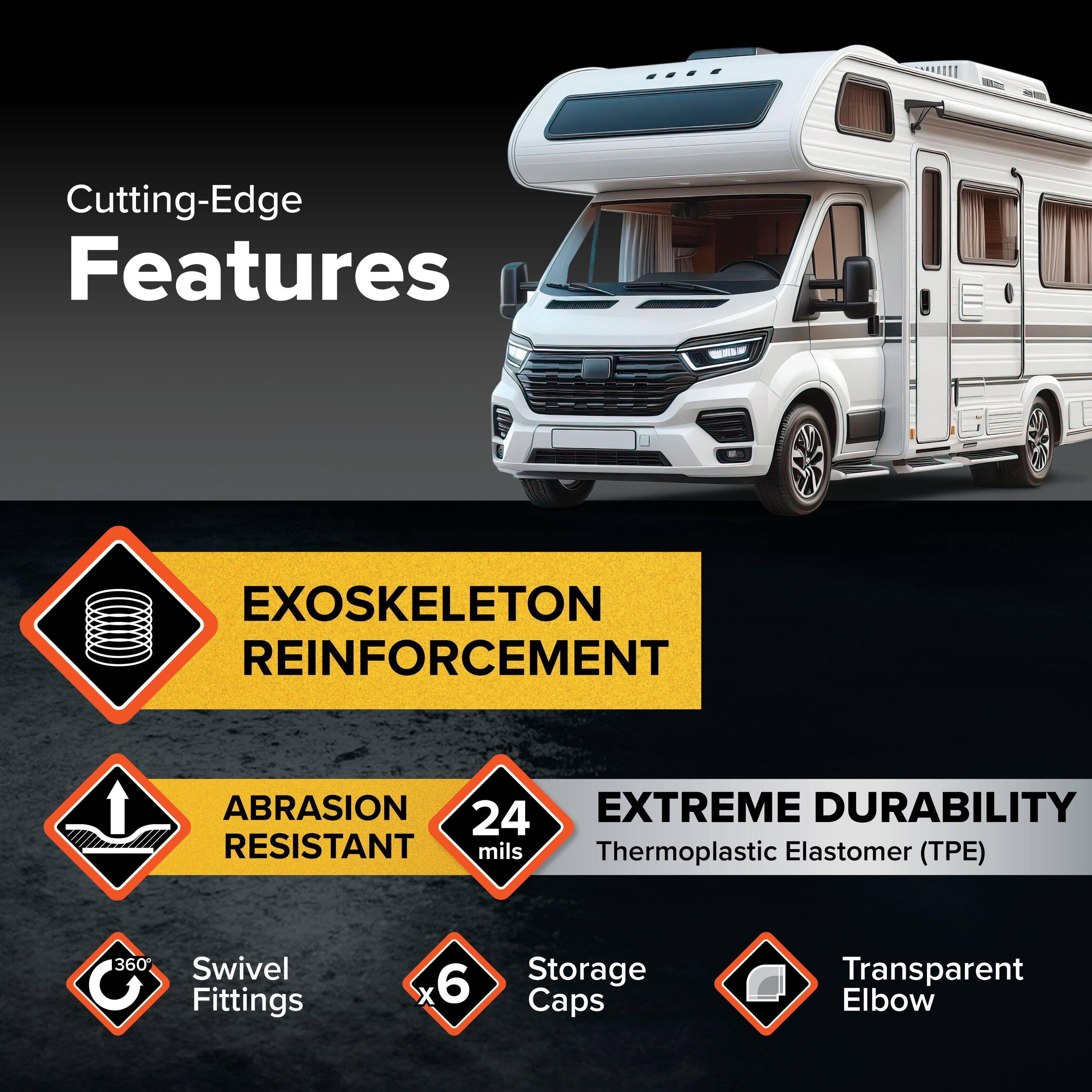 Cutting-Edge Features

- EXOSKELETON REINFORCEMENT
- ABRASION RESISTANT 24 mils
- EXTREME DURABILITY
- Thermoplastic Elastomer (TPE)
- 360° Swivel Fittings x6
- Storage Caps
- Transparent Elbow