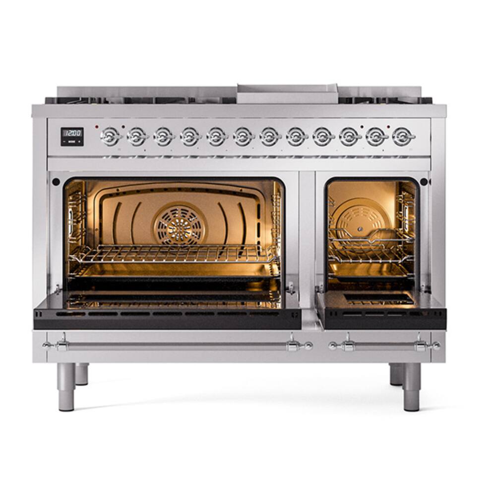 Alt View 4. ILVE - ILVE Nostalgie II Series 48 in. Dual Fuel Range with 8 Sealed Burners + Griddle (Liquid Propane, Chrome Trim) - Stainless Steel.
