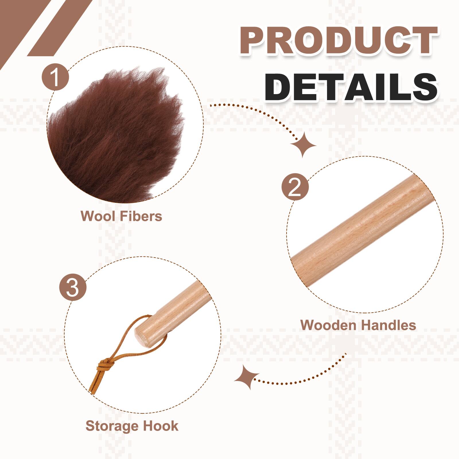 1. PRODUCT DETAILS
2. Wool Fibers
3. Wooden Handles
4. Storage Hook