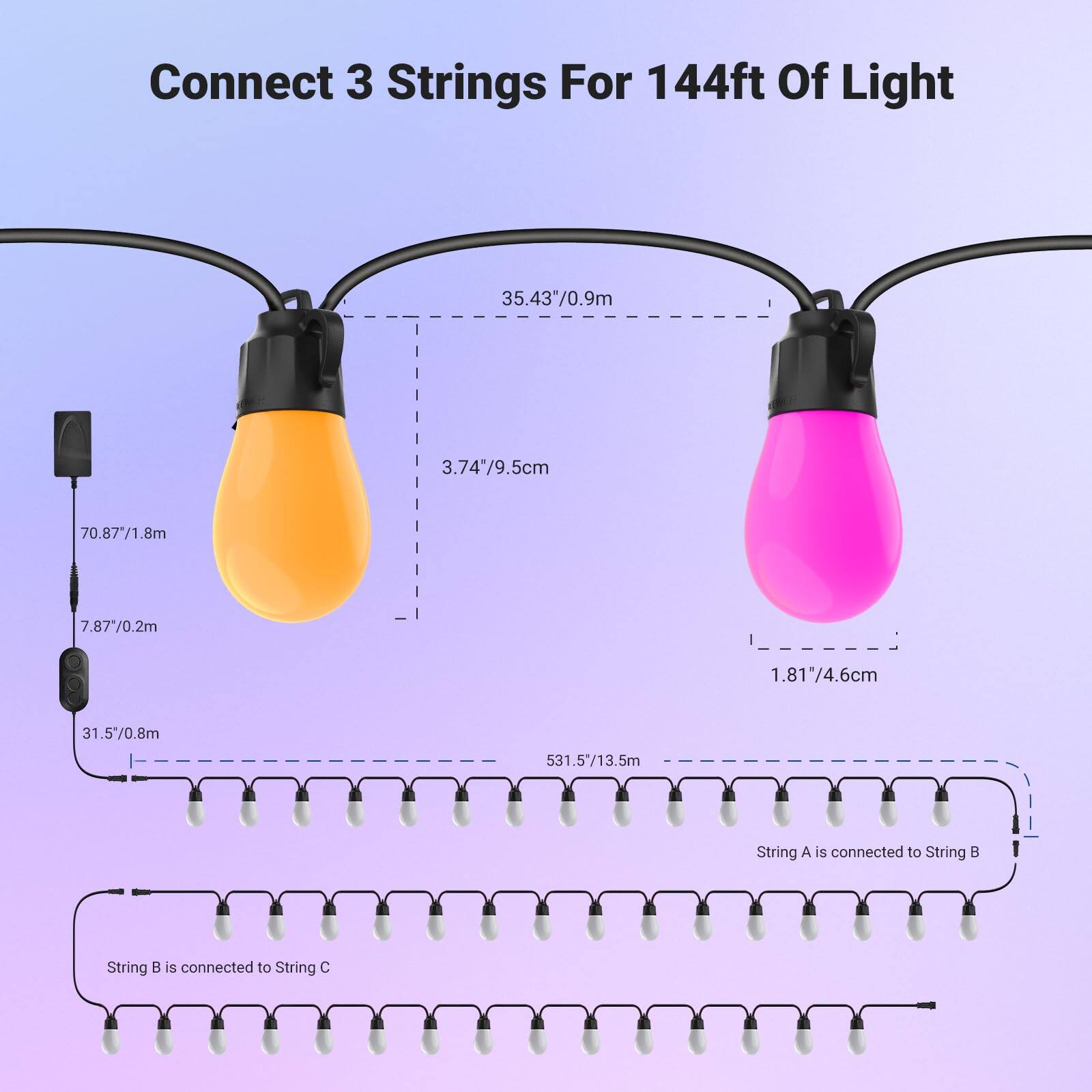 Connect 3 Strings For 144ft Of Light

35.43"/0.9m
3.74"/9.5cm
70.87"/1.8m
7.87"/0.2m
1.81"/4.6cm
31.5"/0.8m
531.5"/13.5m

String A is connected to String B
String B is connected to String C