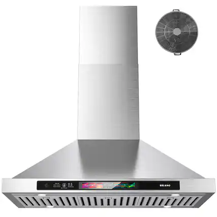 Front. Brano - 36 inch Wall Mount Range Hood 900 CFM with Voice Control, Kitchen Hood Vent Ducted/Ductless Convertible - silver.