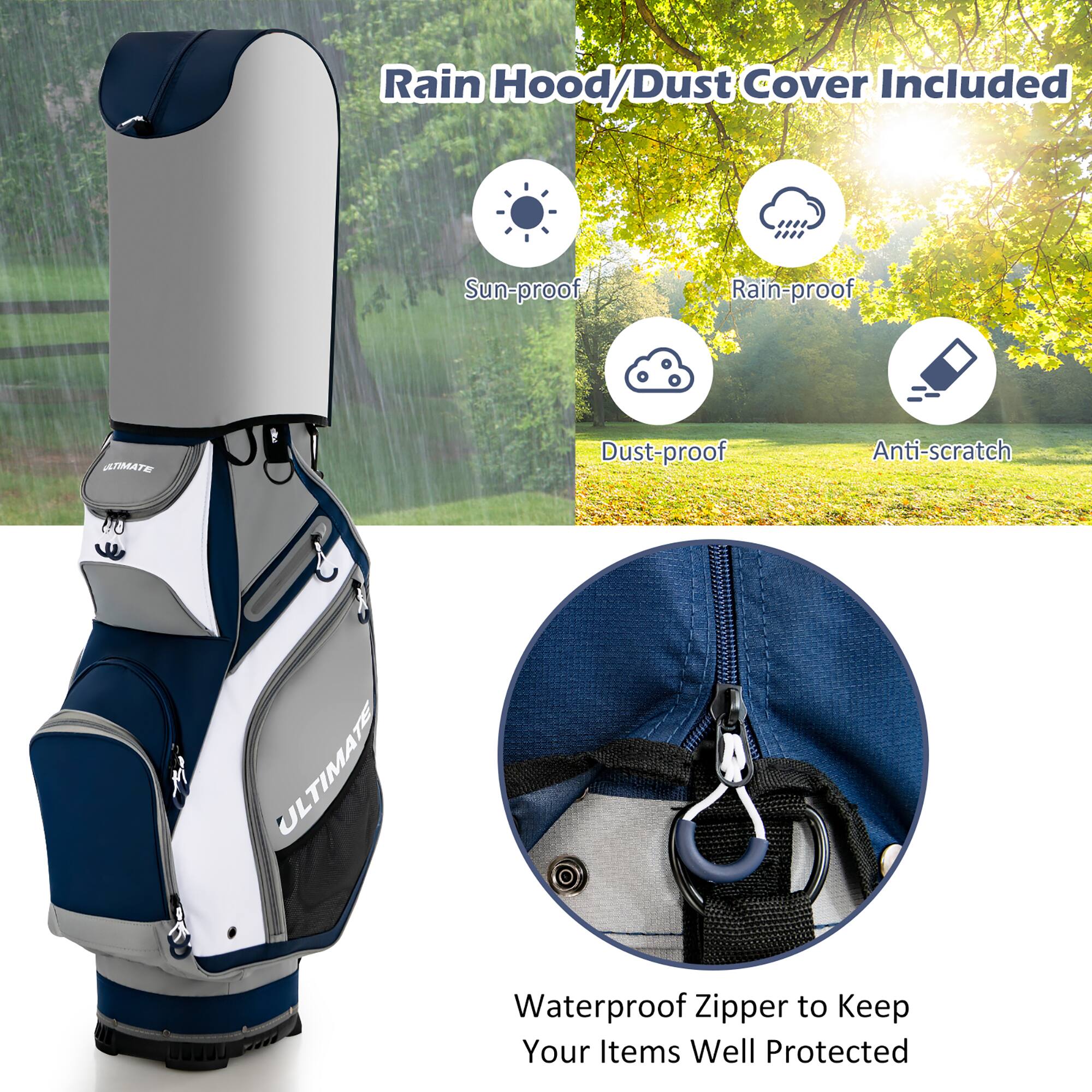 Rain Hood/Dust Cover Included

- Sun-proof
- Rain-proof
- Dust-proof
- Anti-scratch

Waterproof Zipper to Keep Your Items Well Protected