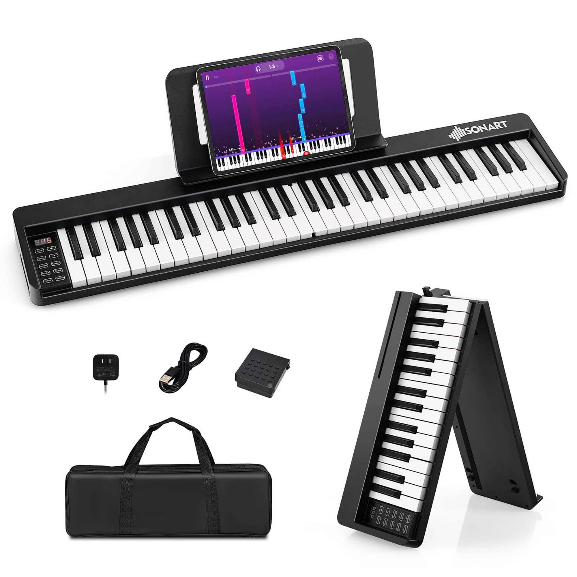 Costway - 61 Key Full Size Folding Toy Piano Keyboard MIDI Wireless Connection - Black
