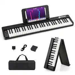 Costway - 61 Key Full Size Folding Toy Piano Keyboard MIDI Wireless Connection - Black