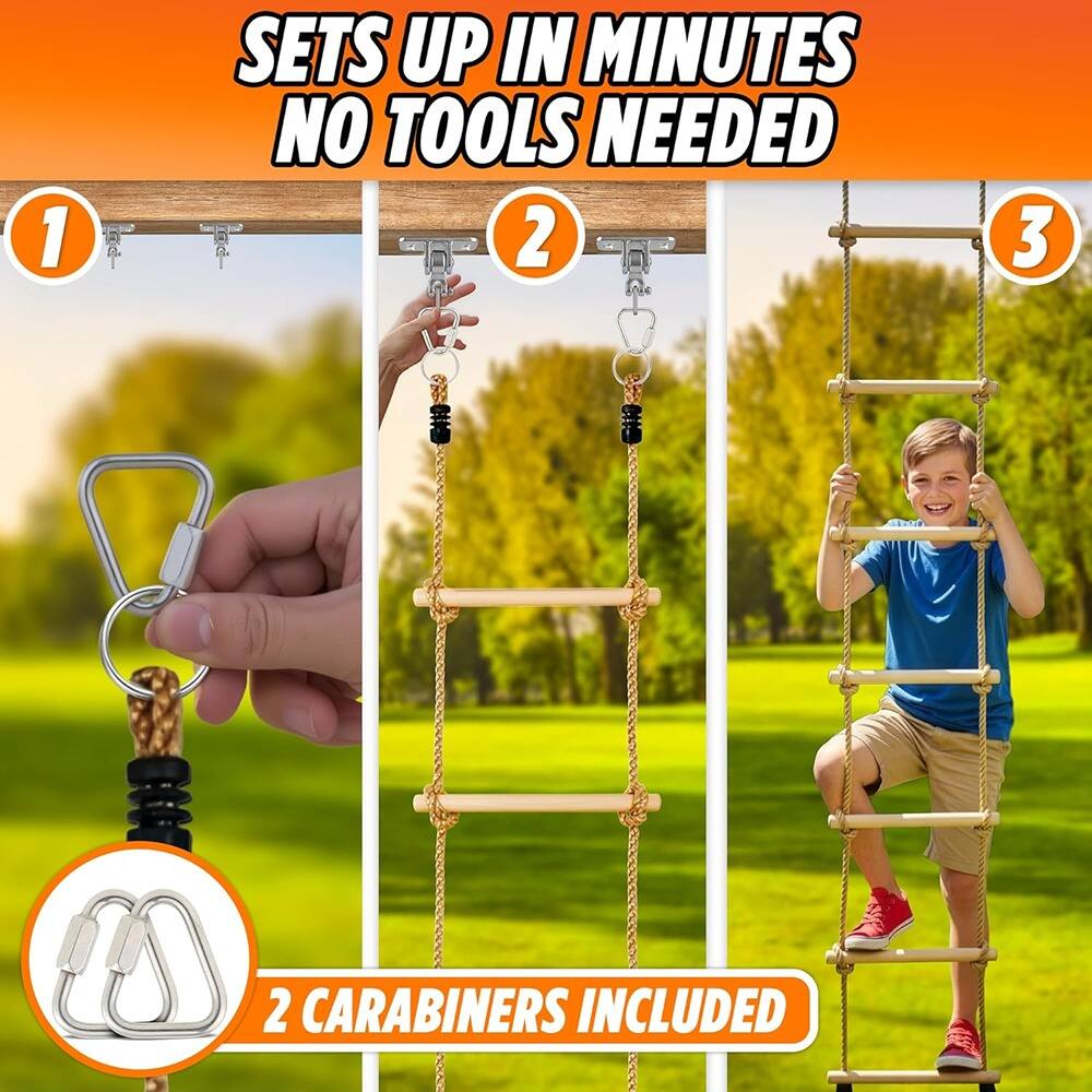 1. Sets up in minutes, no tools needed  
2. 2 carabiners included