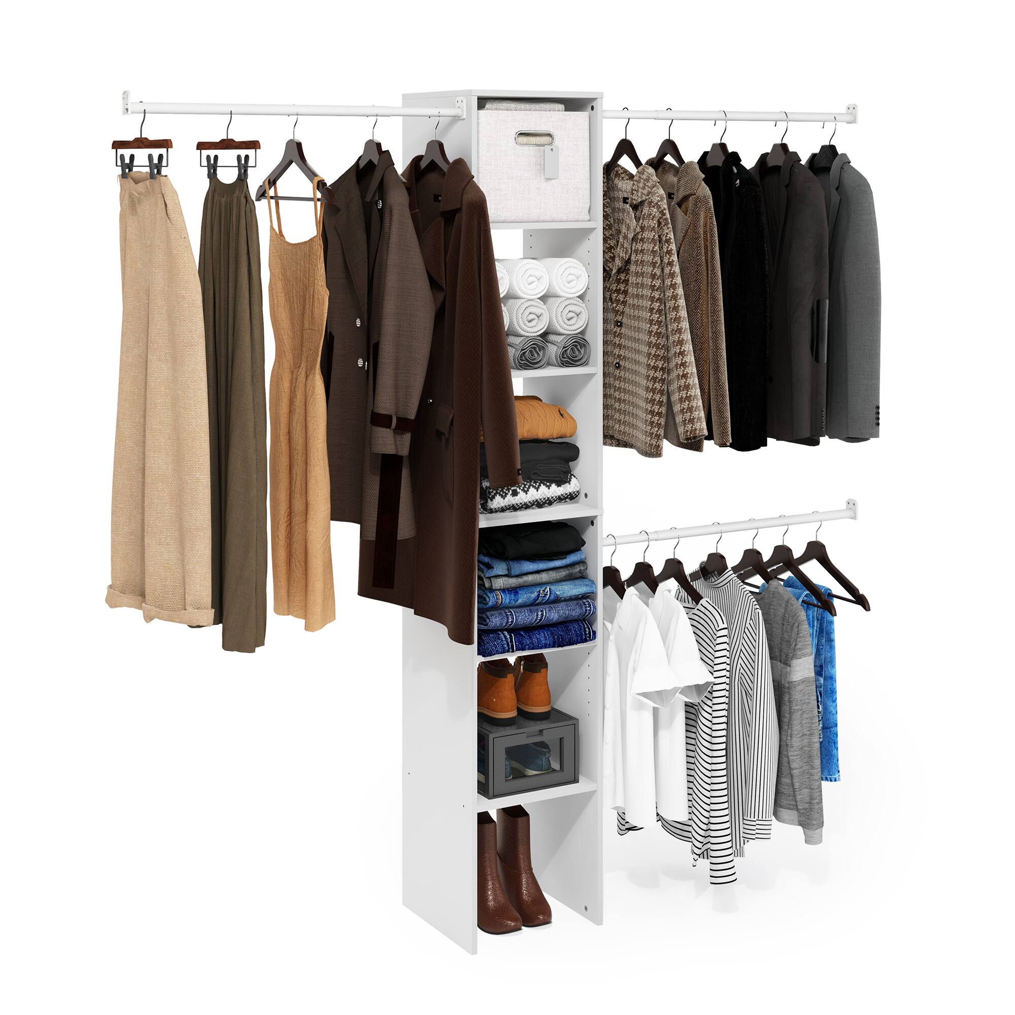 Alt View 3. Furinno - Fano Clothing & Closet Storage Organizer Shelf Tower with 3 Hanging Bars - White.