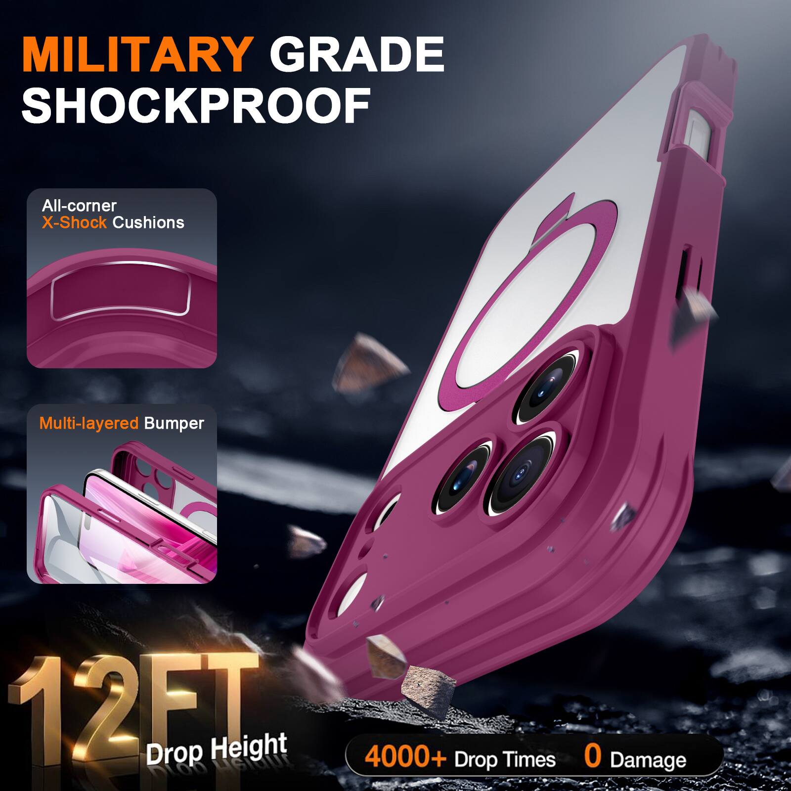 MILITARY GRADE SHOCKPROOF

All-corner X-Shock Cushions

Multi-layered Bumper

12FT Drop Height

4000+ Drop Times

0 Damage