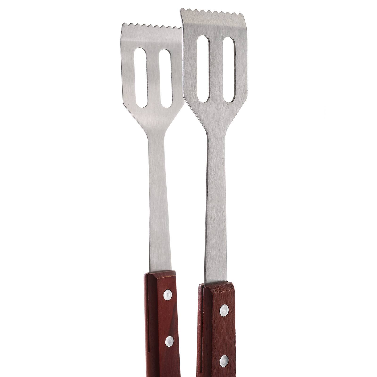 Alt View 3. Norpro - Stainless Steel and Wood 3 Piece BBQ Set with Spatula, Tongs, and Fork - Silver.