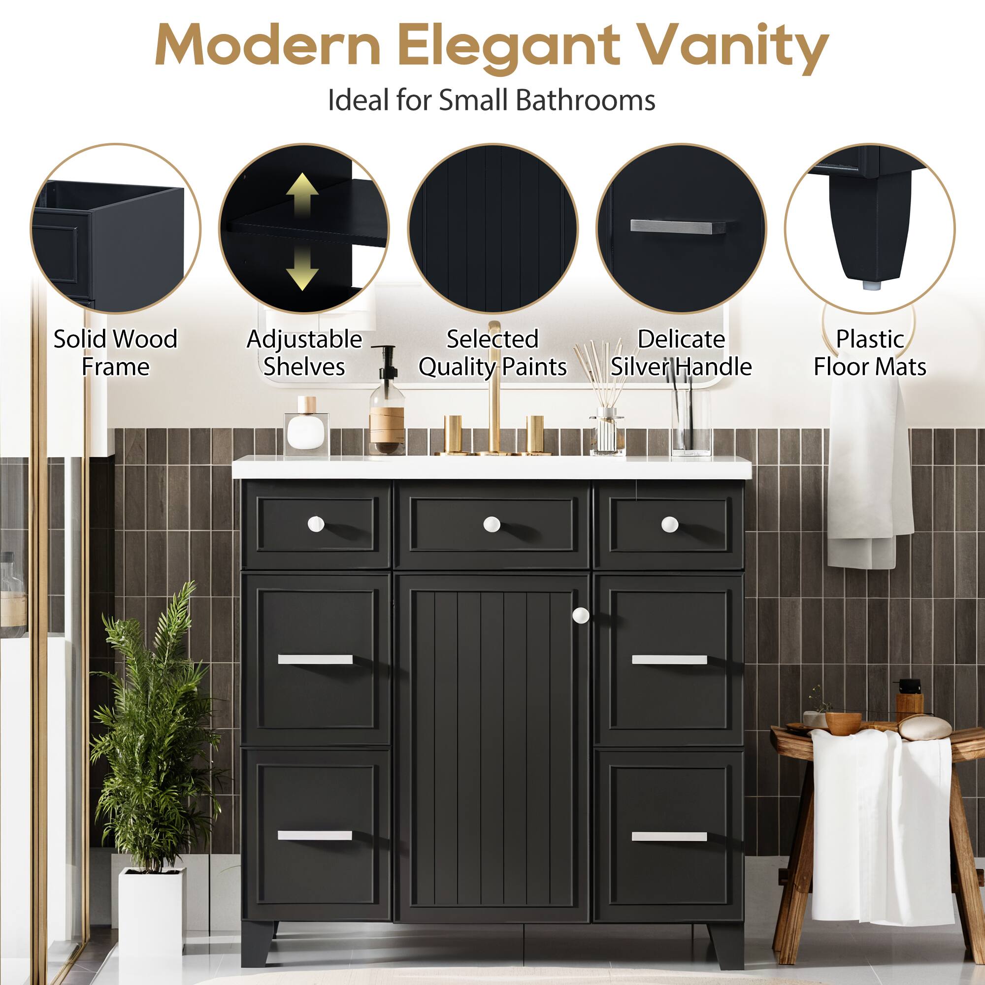 Modern Elegant Vanity
Ideal for Small Bathrooms
Solid Wood Frame
Adjustable Shelves
Selected Quality Paints
Delicate Silver Handle
Plastic Floor Mats