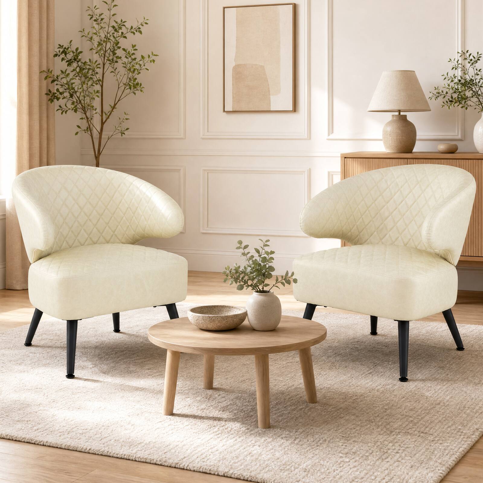 Alt View 3. Costway - Costway 1 PCS Modern Accent Chair, Comfy PU Leather Upholstered Armchair, Robust Metal Legs - Beige+Black.
