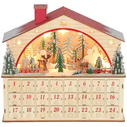 Front. Ecooso - Christmas Decoration Wooden Advent Calendar with 24 Countdown Drawers and LED Lights, Battery Operated Christmas Gift - Natural.