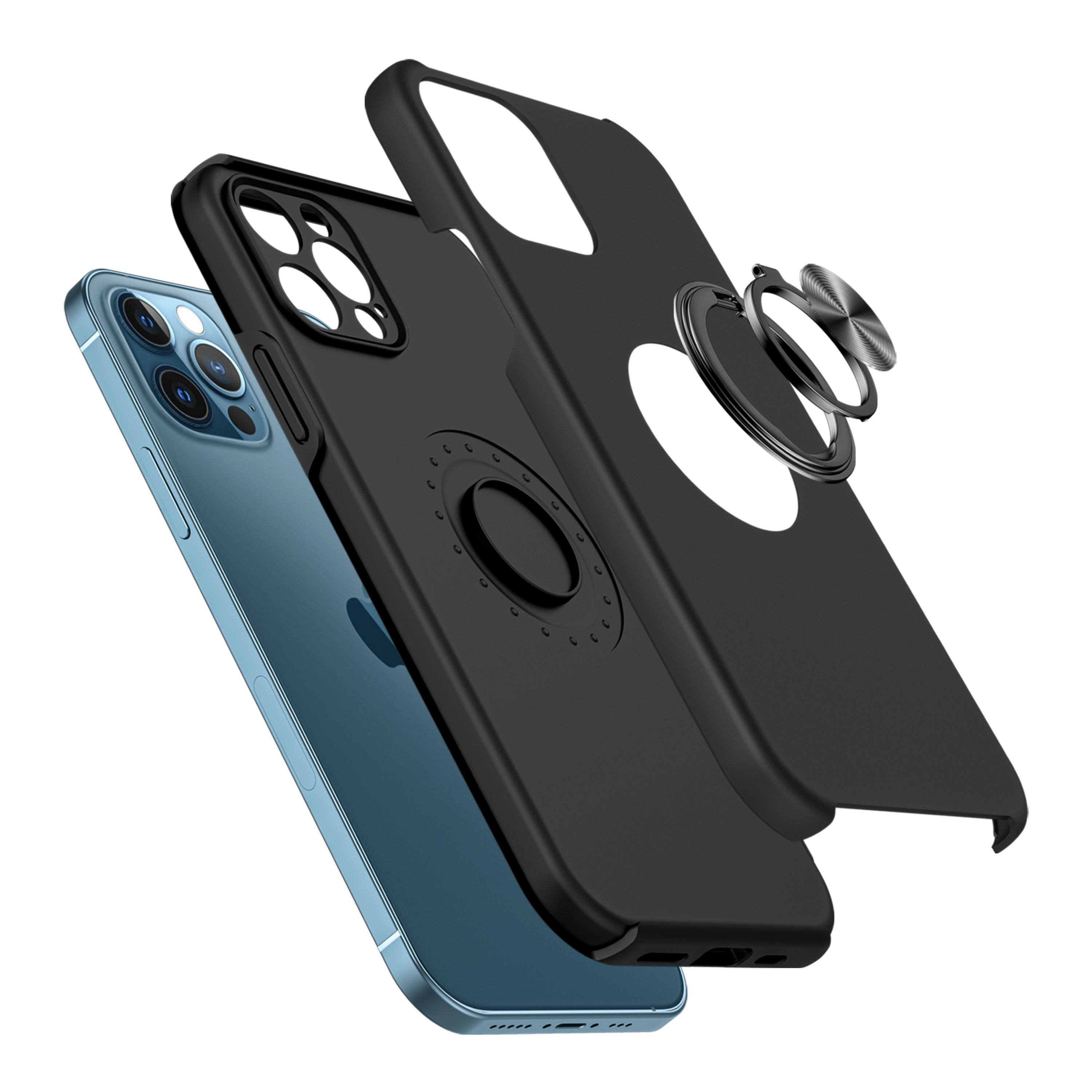 Left. Kitcheniva - Rubberized Dual Layer Magnetic Ring Stand Case For iPhone 14 Pro Max Black - Black.
