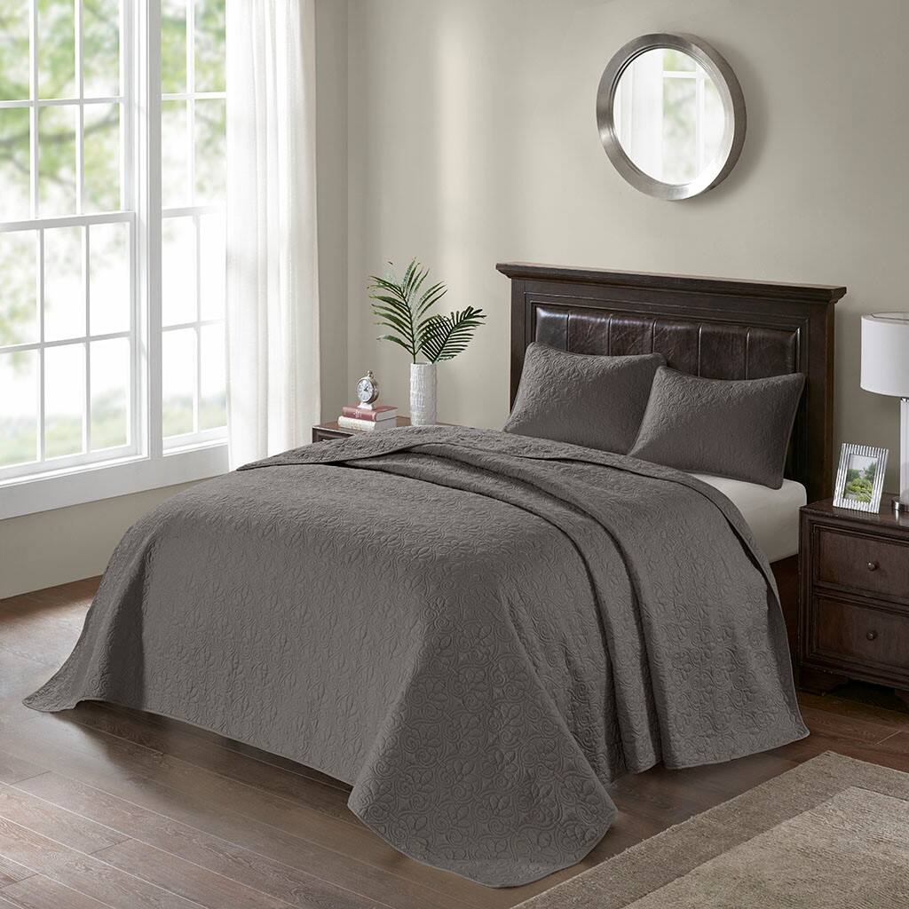 Alt View 1. Gracie Mills - Gracie Mills Sandy Reversible Bedspread Set with Classic Stitch Pattern - Dark Grey.