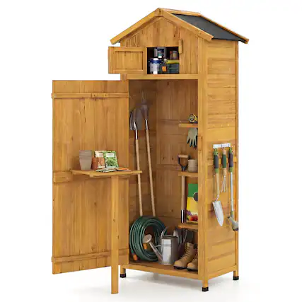 Front. Costway - Garden Storage Shed Outdoor Lockable Storage Cabinet Tool Organizer with Shelves - Natural.