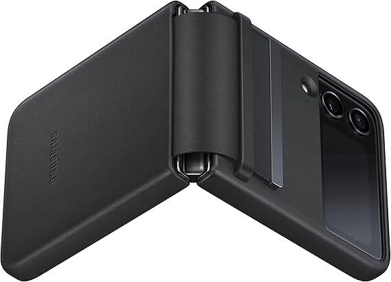 Left. Samsung - Samsung Flap Leather Cover for Samsung Galaxy Z Flip4 | Color: Black - Black.