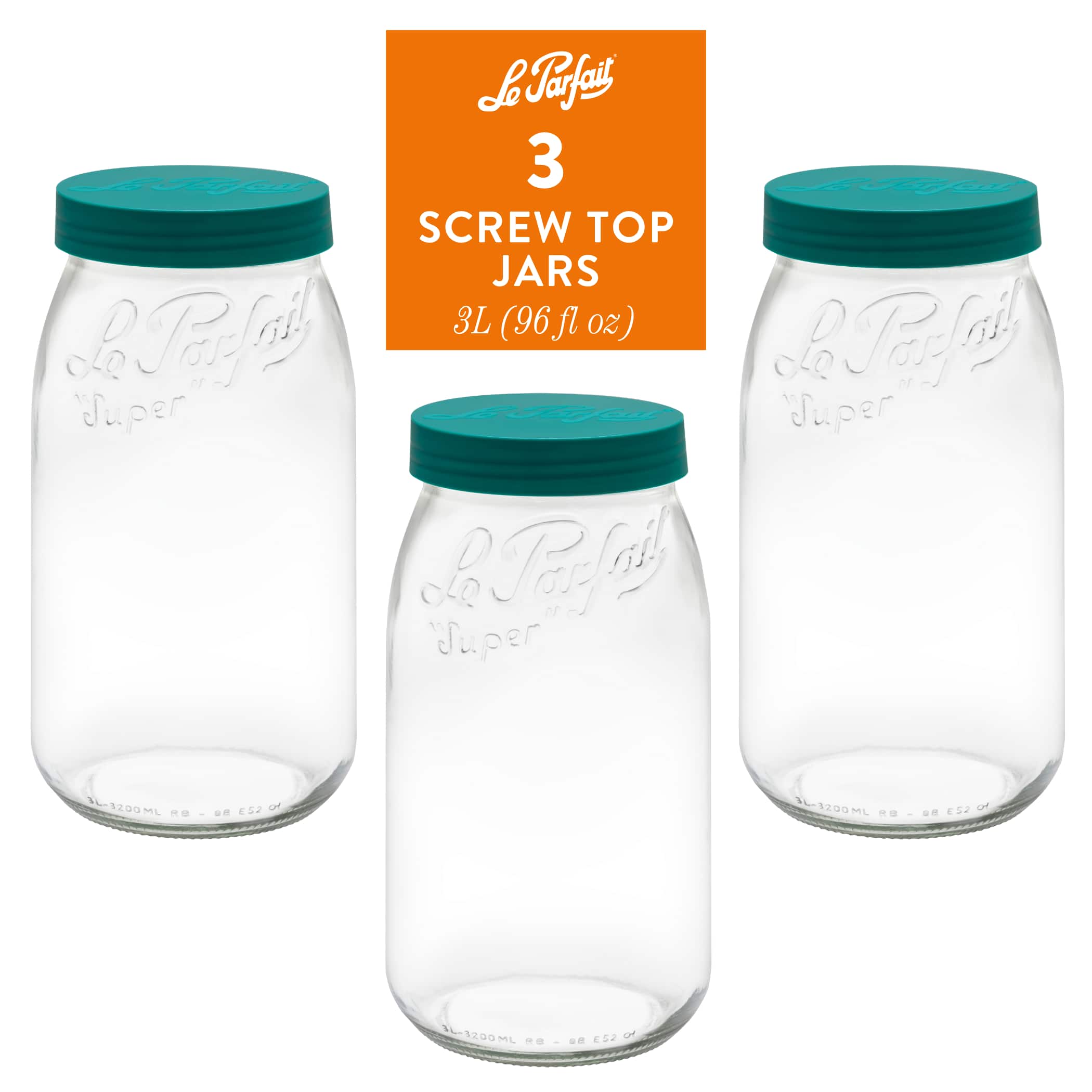 Le Parfait - Screw Top Jar - 3L Wide Mouth French Glass Canning Jar w/ ColorPlastic Lid, 96oz/3 Quarts (Pack of 3) - PINE