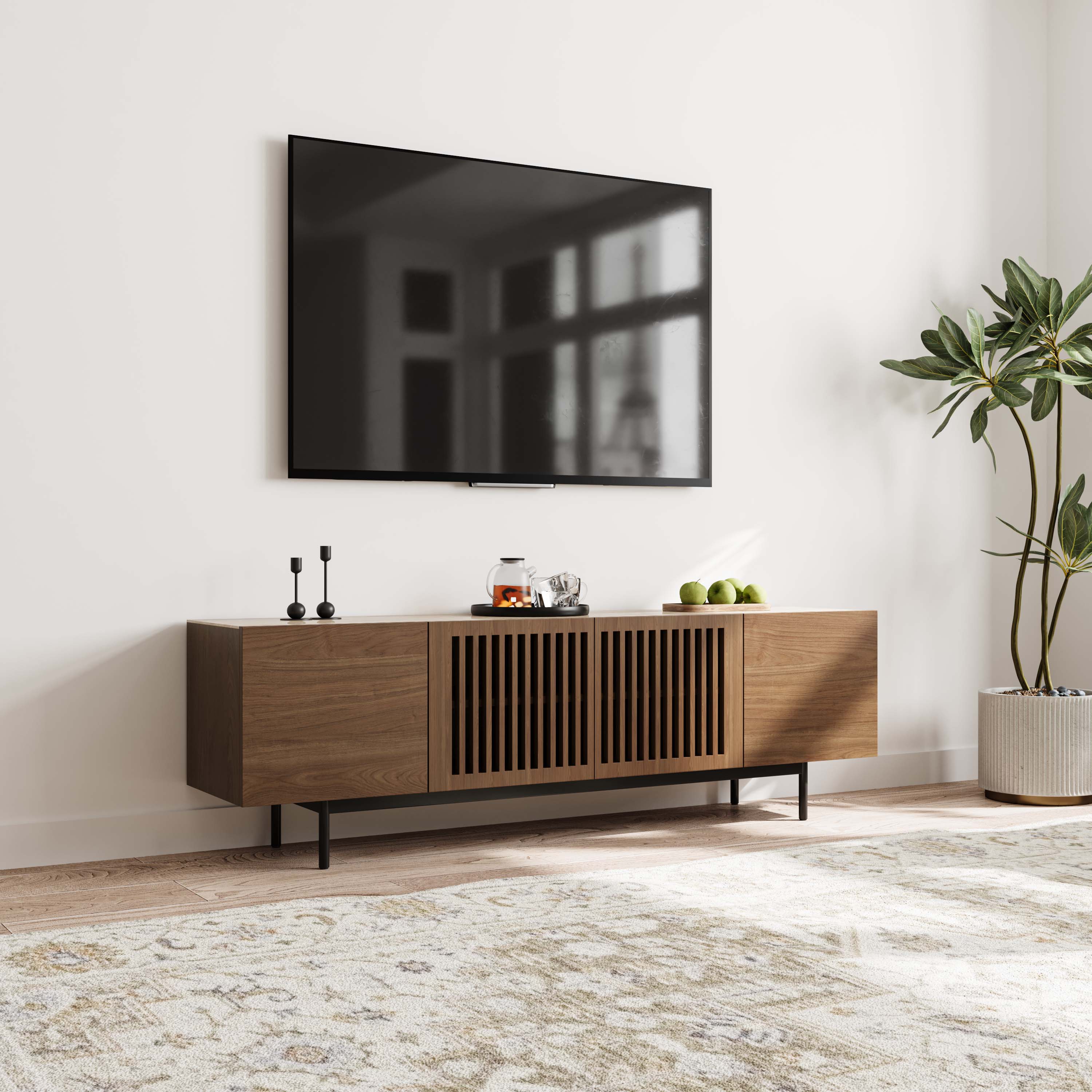 POVISON - 71" Mid-Century TV Stand with Sintered Stone Wood Media Console with Veneer Slatted Cabinet, Tall-Cast Metal Legs - Walnut