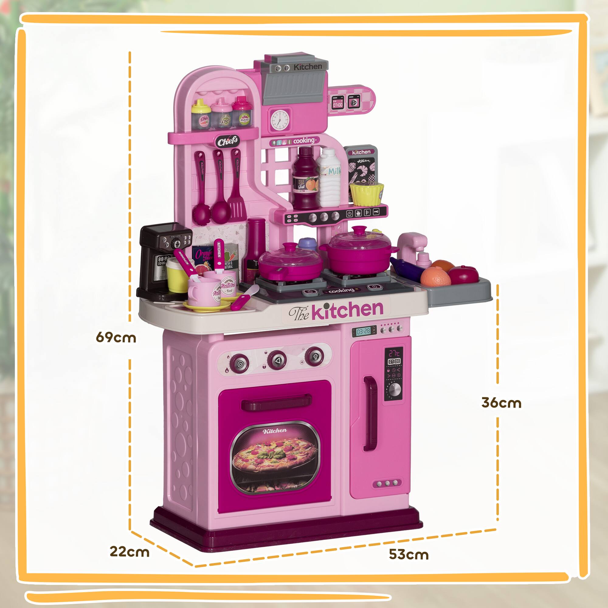 The kitchen is 69cm in height, 53cm in width, and 36cm in depth. The base is 22cm in depth.