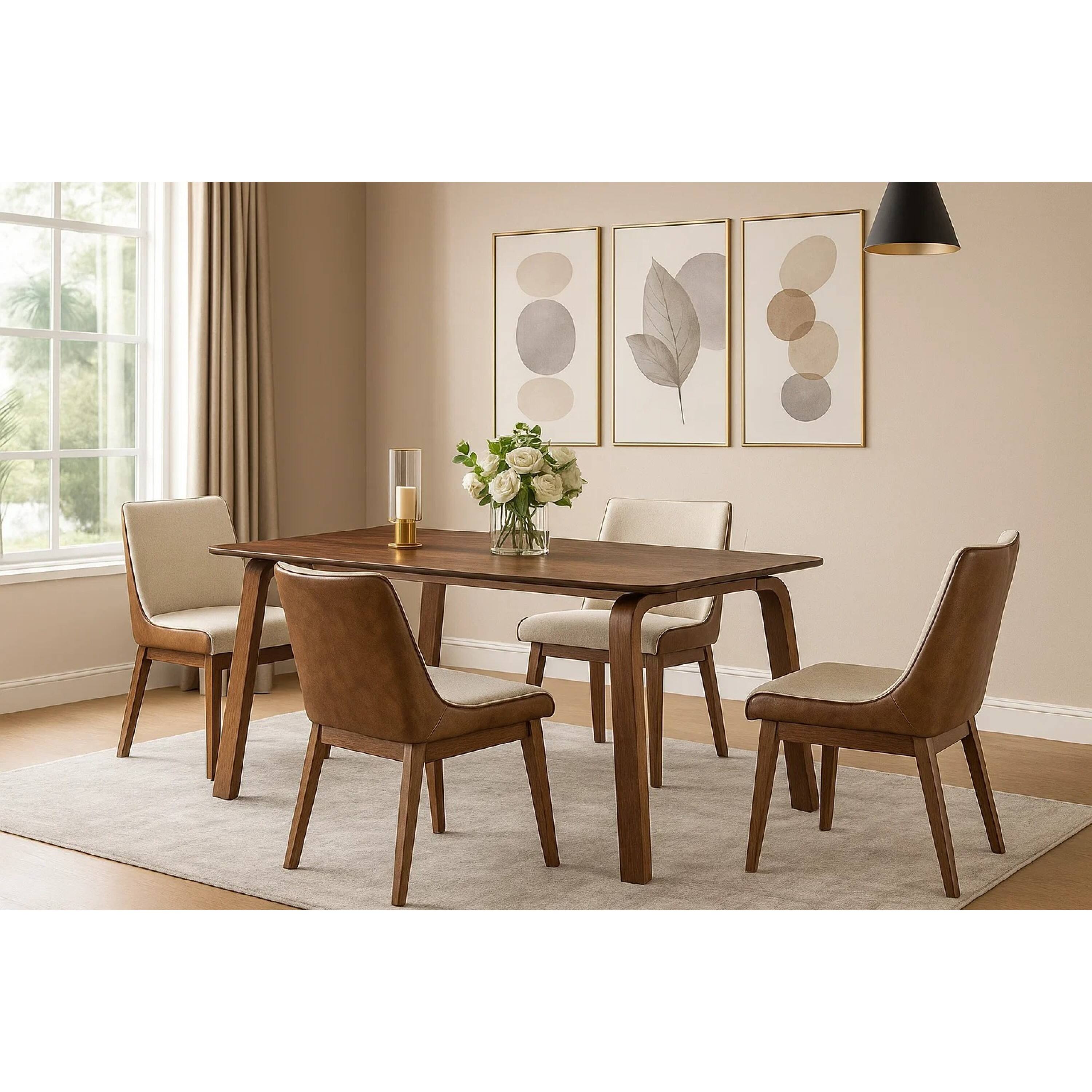 Alt View 6. Manhattan Lane - Iken 7pc Dining Table Set, 6 Cream Fabric Chair, Tapered Legs, Brown Wood - Walnut Brown, Cream.