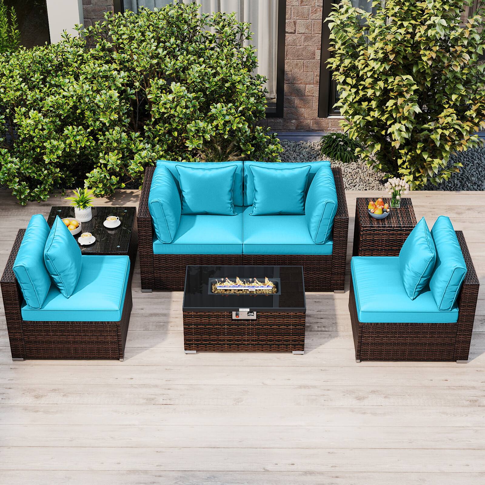 Alt View 1. Costway - Costway 7 PCS Patio Furniture Set 40,000 BTU Gas Fire Pit Table Propane Tank Cover Table - Mix Brown+Turquoise.