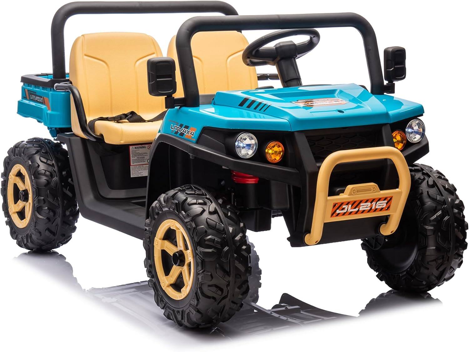 GARVEE - 24V 4WD 2-Seater Ride-On Dump Truck for Kids, 4×35W Motors, Electric Bed, Shovel, Remote Control, Bluetooth, LED Lights - Blue