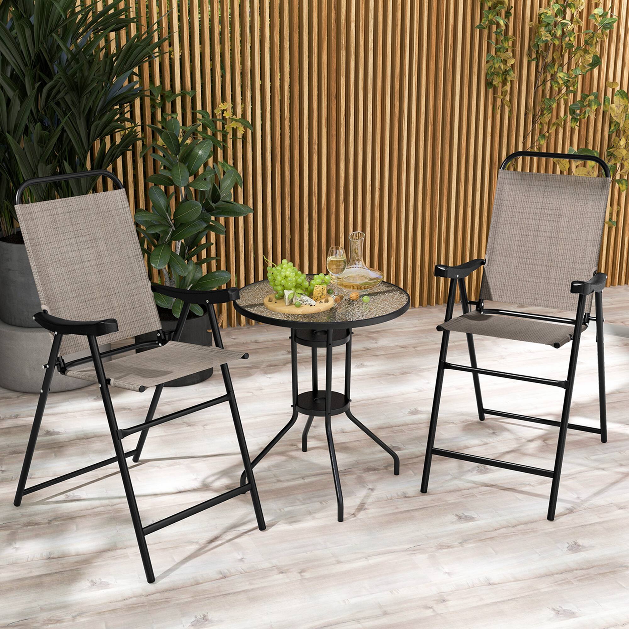 Alt View 1. Costway - Costway 2 PCS Patio Bar Chair Folding Bar Height Metal Frame with Footrest Garden - Brown.