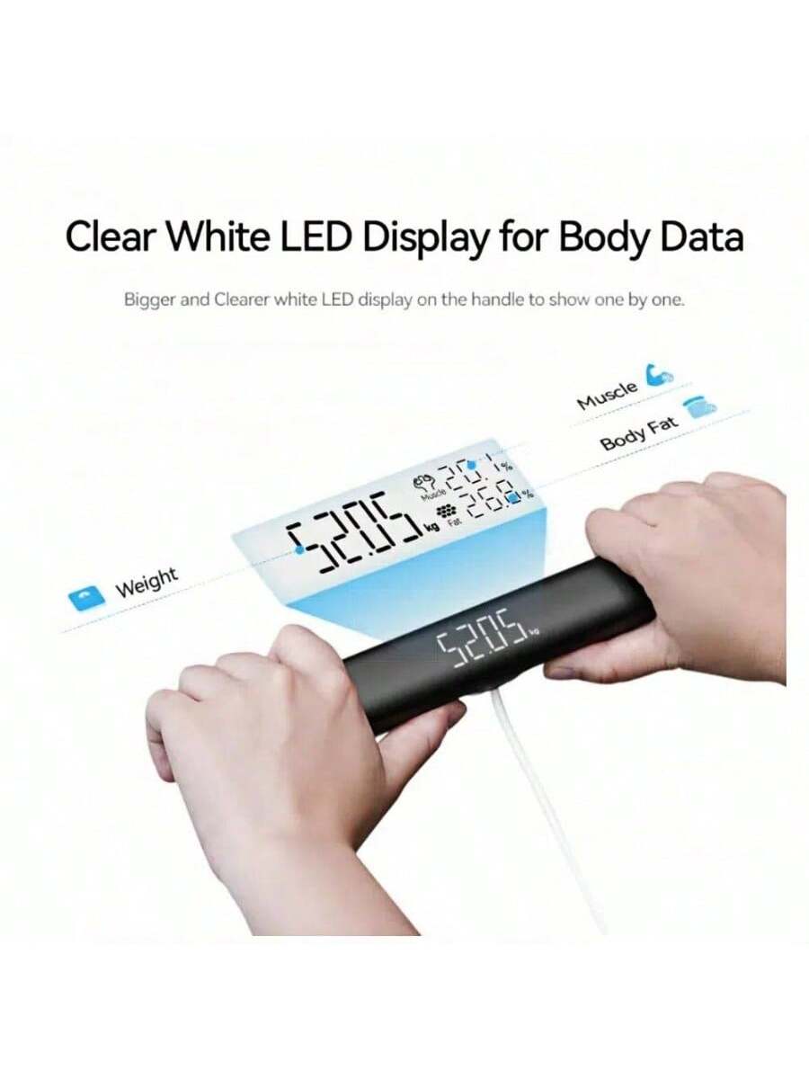 Clear White LED Display for Body Data

Bigger and Clearer white LED display on the handle to show one by one.

Weight: 52.05 kg

Muscle: 69.7%

Body Fat: 20.0%