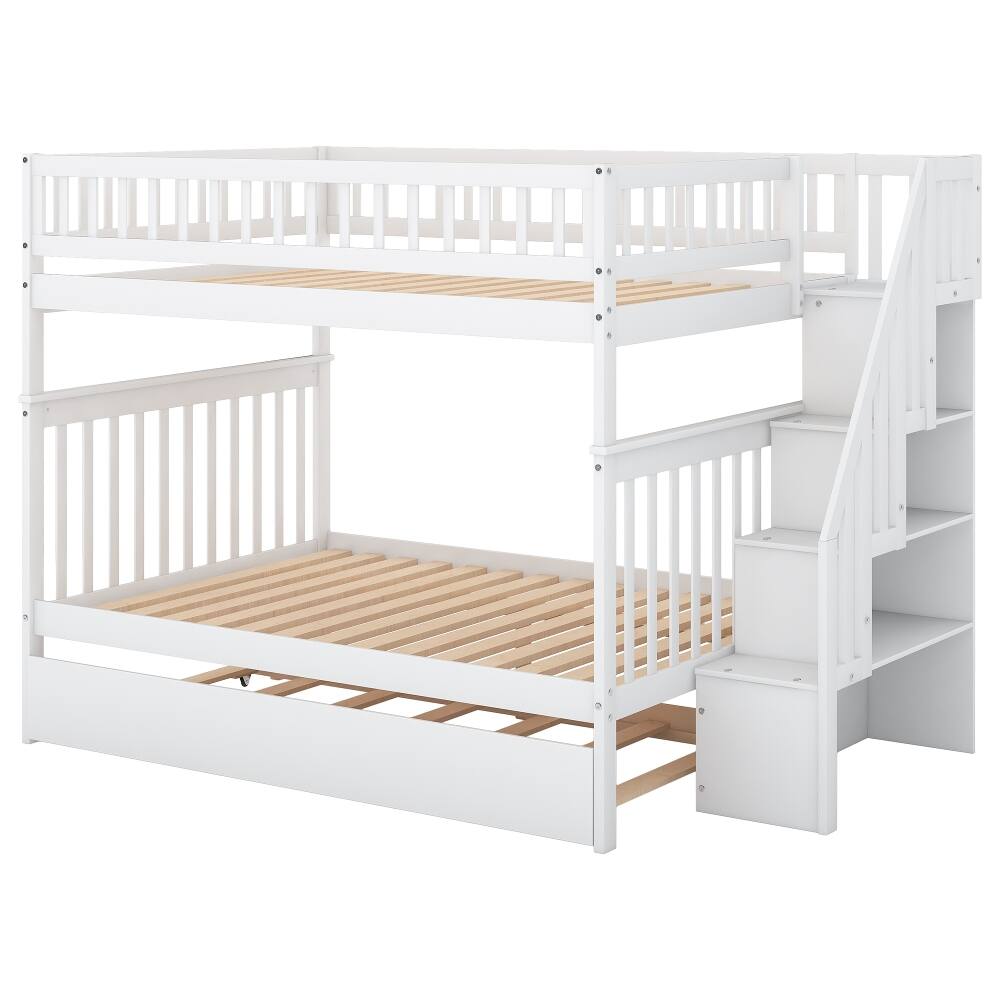 Alt View 4. Loheer - Loheer Full Over Full Bunk Bed with Trundle and Stairs, White Solid Wood 3 in 1 Bunk Bed - White.