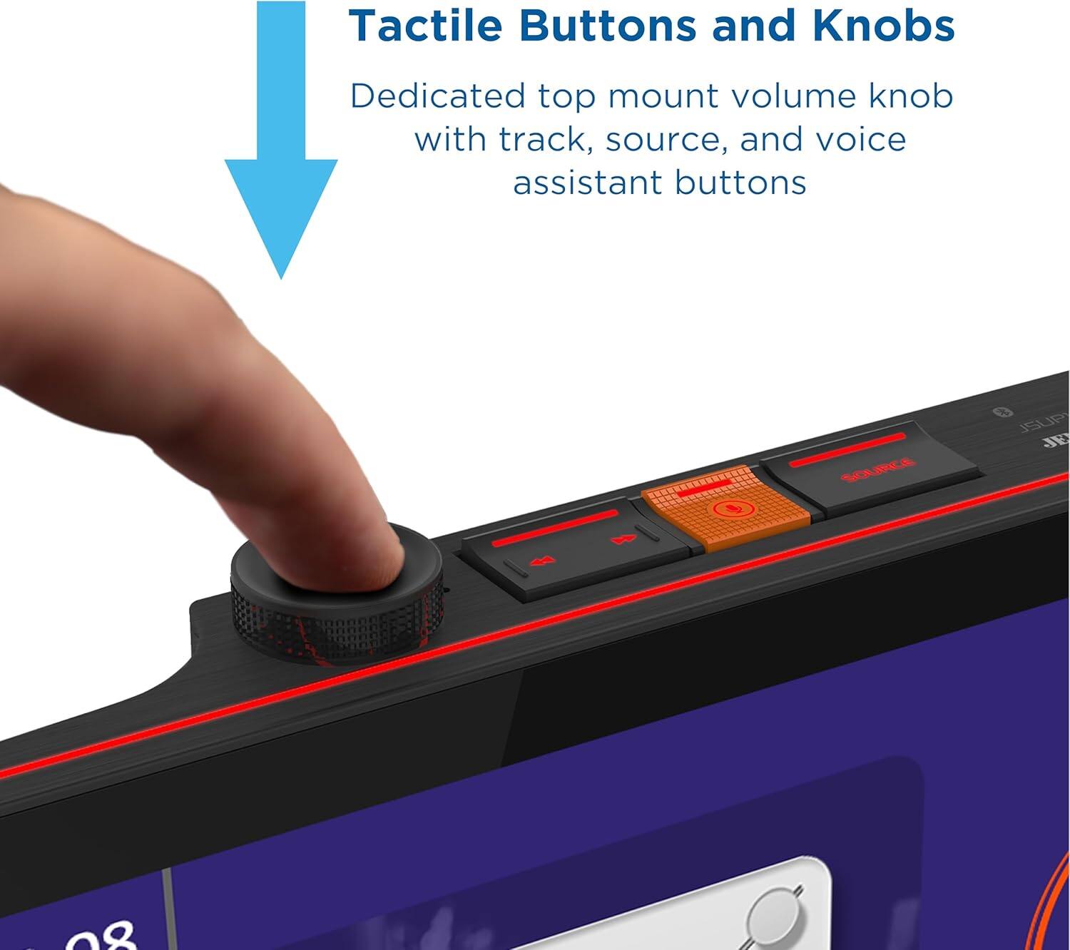 Tactile Buttons and Knobs

Dedicated top mount volume knob with track, source, and voice assistant buttons