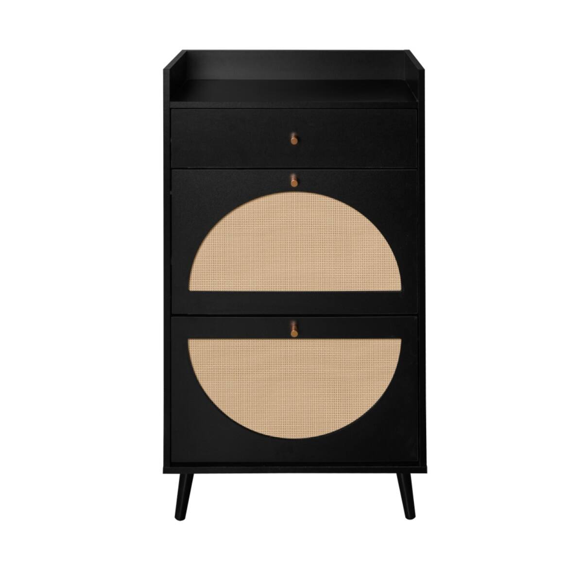 Front. HTUTWOO - Slim Rattan Shoe Cabinet with 2 Flip Drawers - 45lb Capacity, Easy Organizer for Entryway Bedroom, Stylish & Durable - Black.