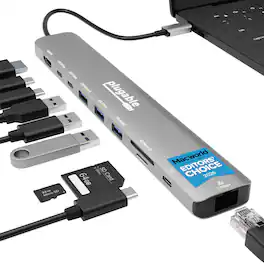 Plugable - USB C Hub: 10-in-1 Multiport Adapter (8K/4K 144Hz HDMI 2.1, 2.5G Ethernet, 140W Charging, 10Gbps Data) - Space Gray