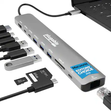Plugable USB 3.0 Hub, HOMK SE RS, USB 5810Gops, plugable USB SGbps, USB 3.0 SD Micro SD, 64GB Card SD/Micro SD, Macworld EDITORS' CHOICE 2026, 2.5Gbps
