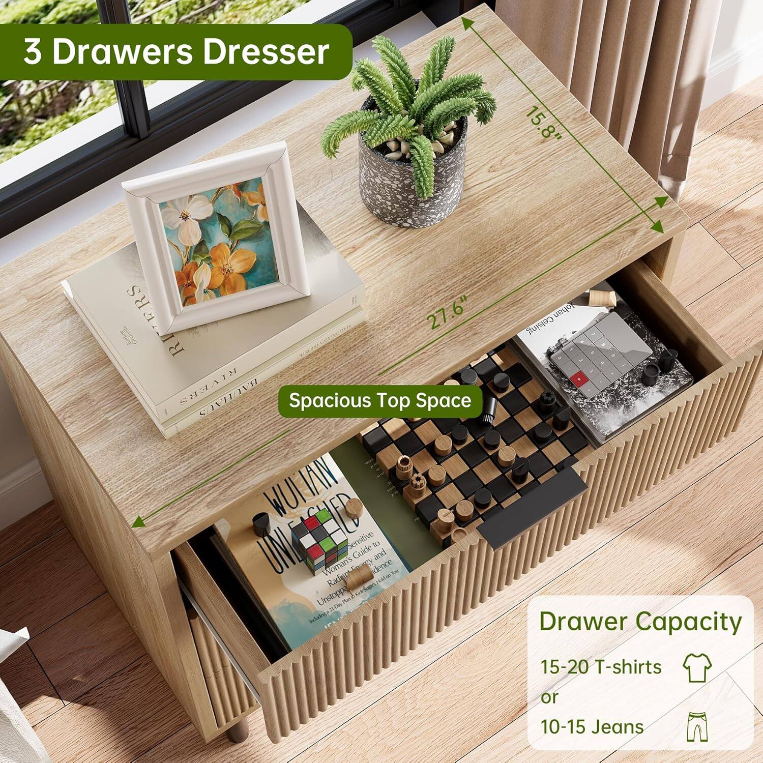 3 Drawers Dresser

Spacious Top Space

Drawer Capacity
15-20 T-shirts or 10-15 Jeans
