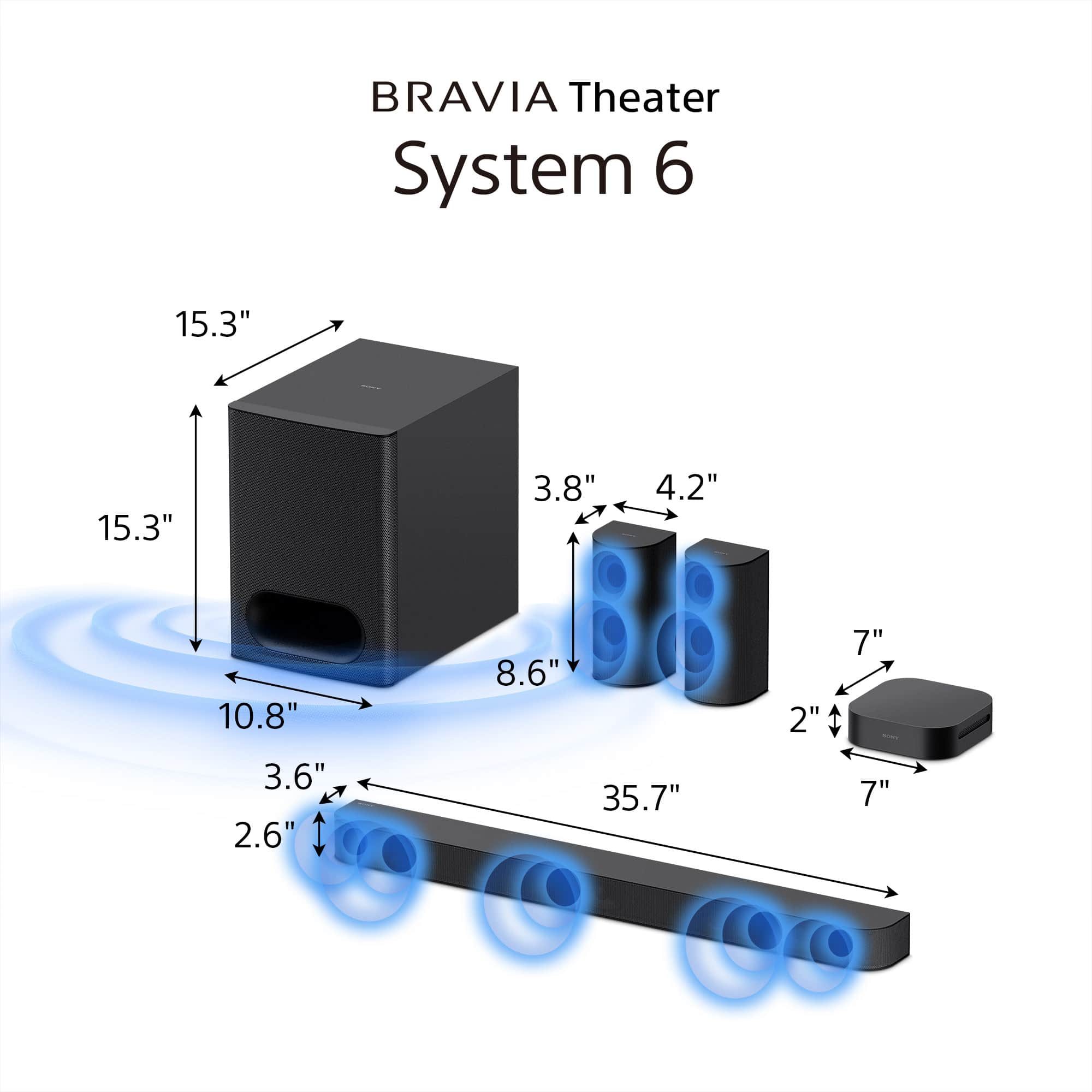 Bravia Theater System 6 15.3" 15.3" 3.8" 4.2" 10.8" 8.6" 2" 7" 3.6" 2.6" 35.7" 7"