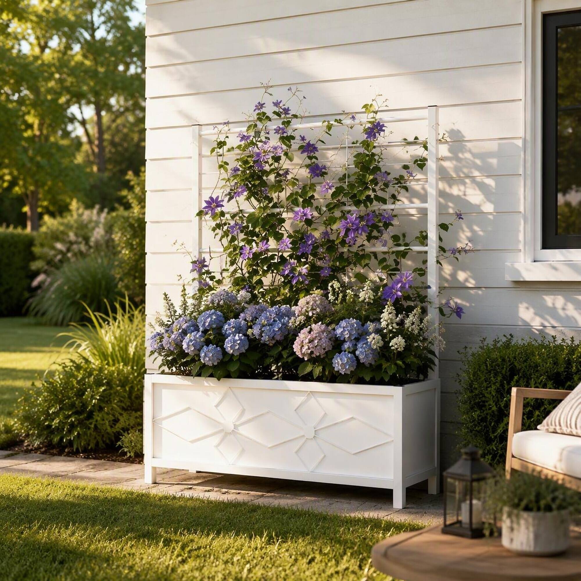 Angle. RYHNUYNE - Outdoor Raised Garden Bed with Trellis, Galvanized Steel Planter Box for Climbing Vines, White Finish, 35.4 x 15.7 - White.