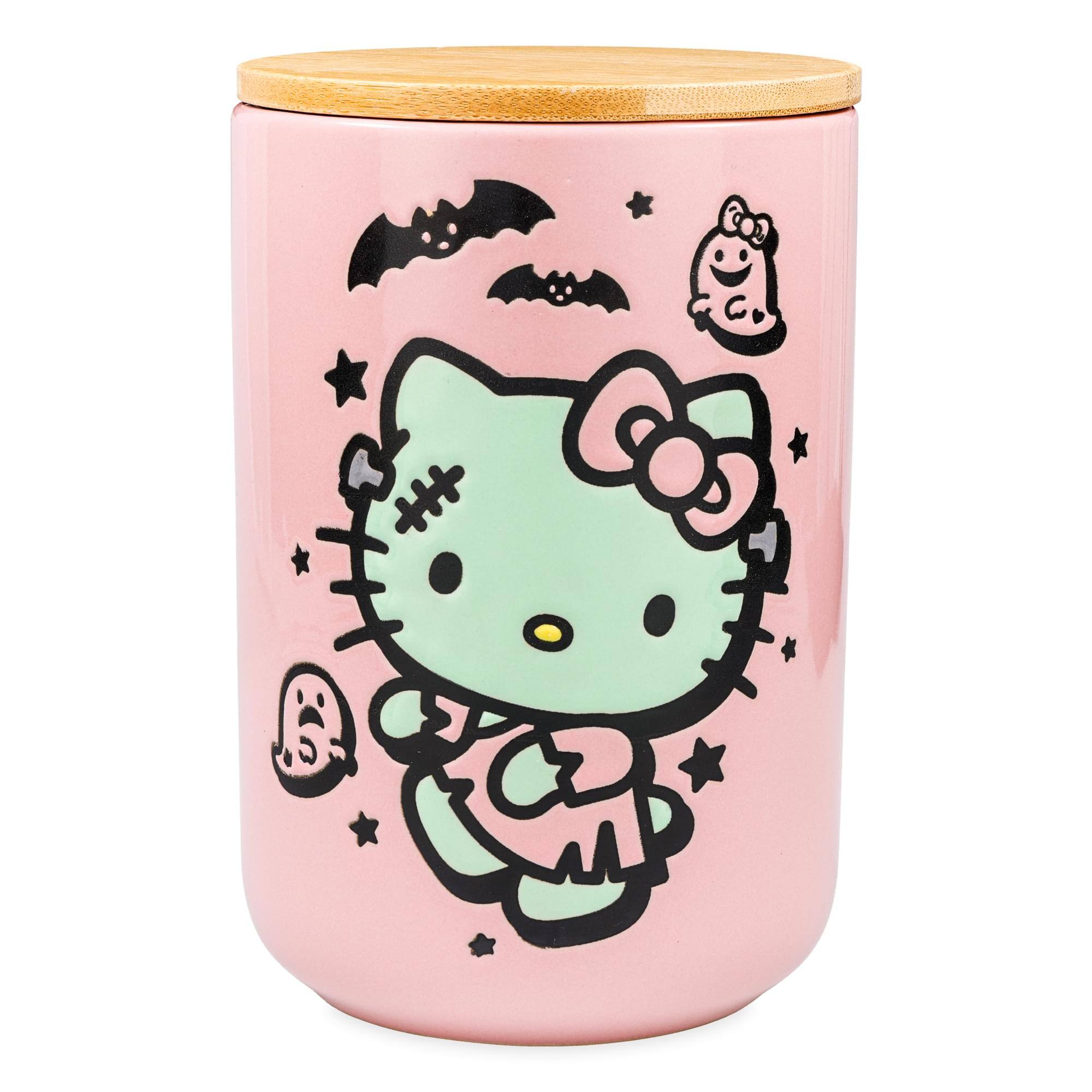 Front. Silver Buffalo - Sanrio Hello Kitty Frankenkitty 6.5-Inch Ceramic Snack Jar With Bamboo Lid - Pink.