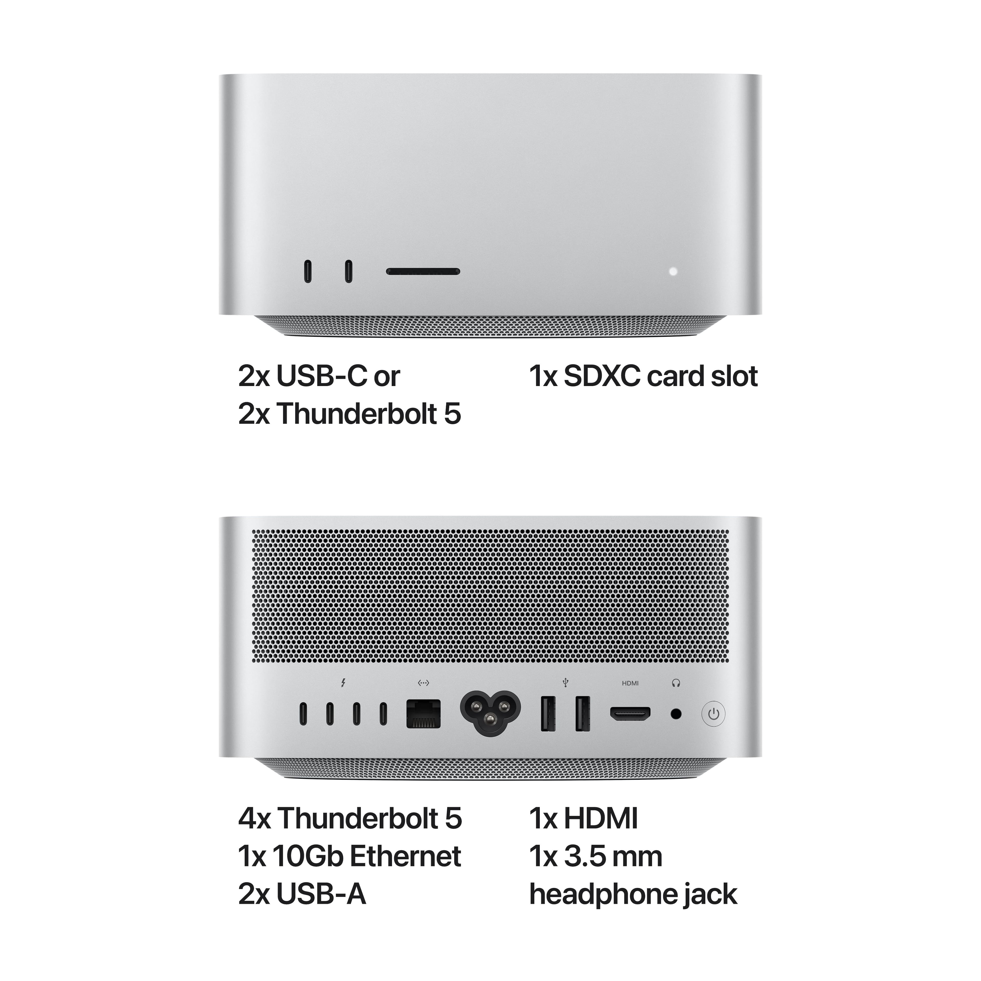 The text on the image is already grouped and correctly written. It reads:
2x USB-C or 2x Thunderbolt 5
1x SDXC card slot
1x HDMI
1x 10Gb Ethernet
1x 3.5 mm
2x USB-A headphone jack
