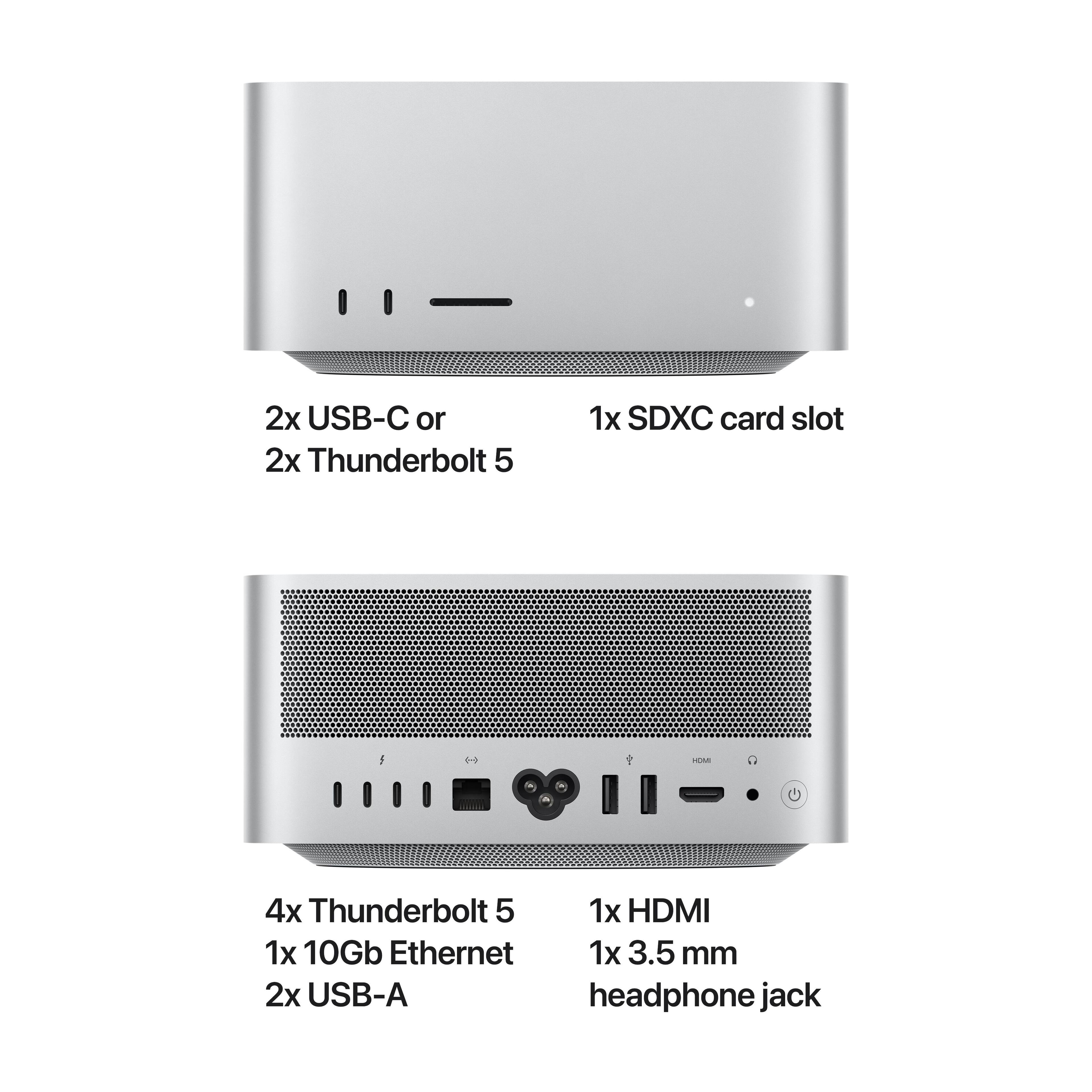 The text on the image is already grouped and correctly written. It reads:

2x USB-C or 2x Thunderbolt 5
1x SDXC card slot
1x HDMI
1x 10Gb Ethernet
1x 3.5 mm
2x USB-A headphone jack