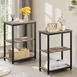 Vecelo - Industrial Metal Frame Side Table with 3-Tier Storage Shelves – Narrow Bedside/End Table for Small Spaces & Apartments - 2*Gray