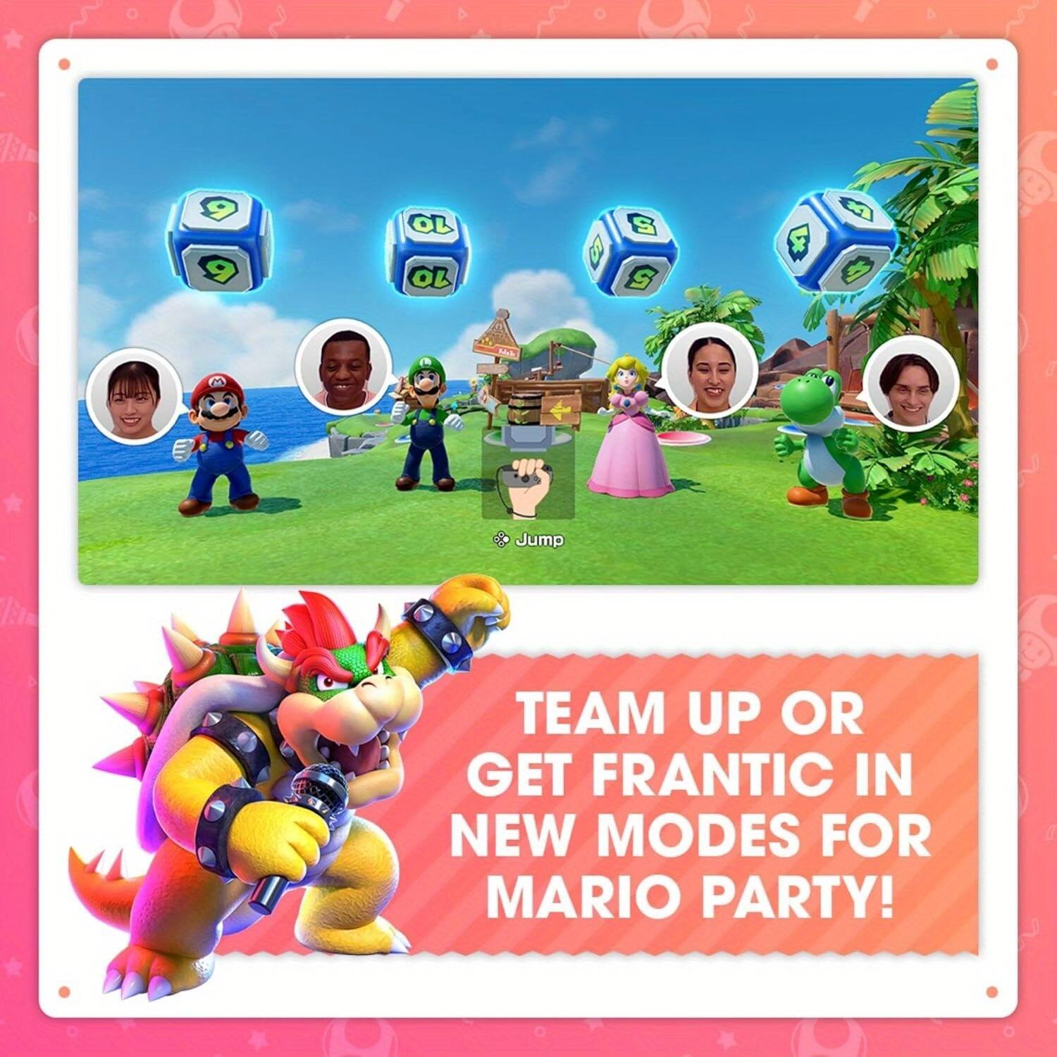 9 9 10 10 S S 5 B M F

"Jump TEAM UP OR GET FRANTIC IN NEW MODES FOR MARIO PARTY!"