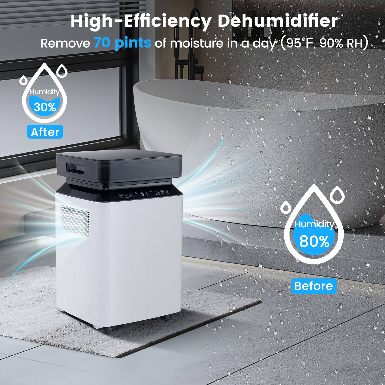 High-Efficiency Dehumidifier  
Remove 70 pints of moisture in a day (95°F, 90% RH)  

Humidity 30% After  
Humidity 80% Before