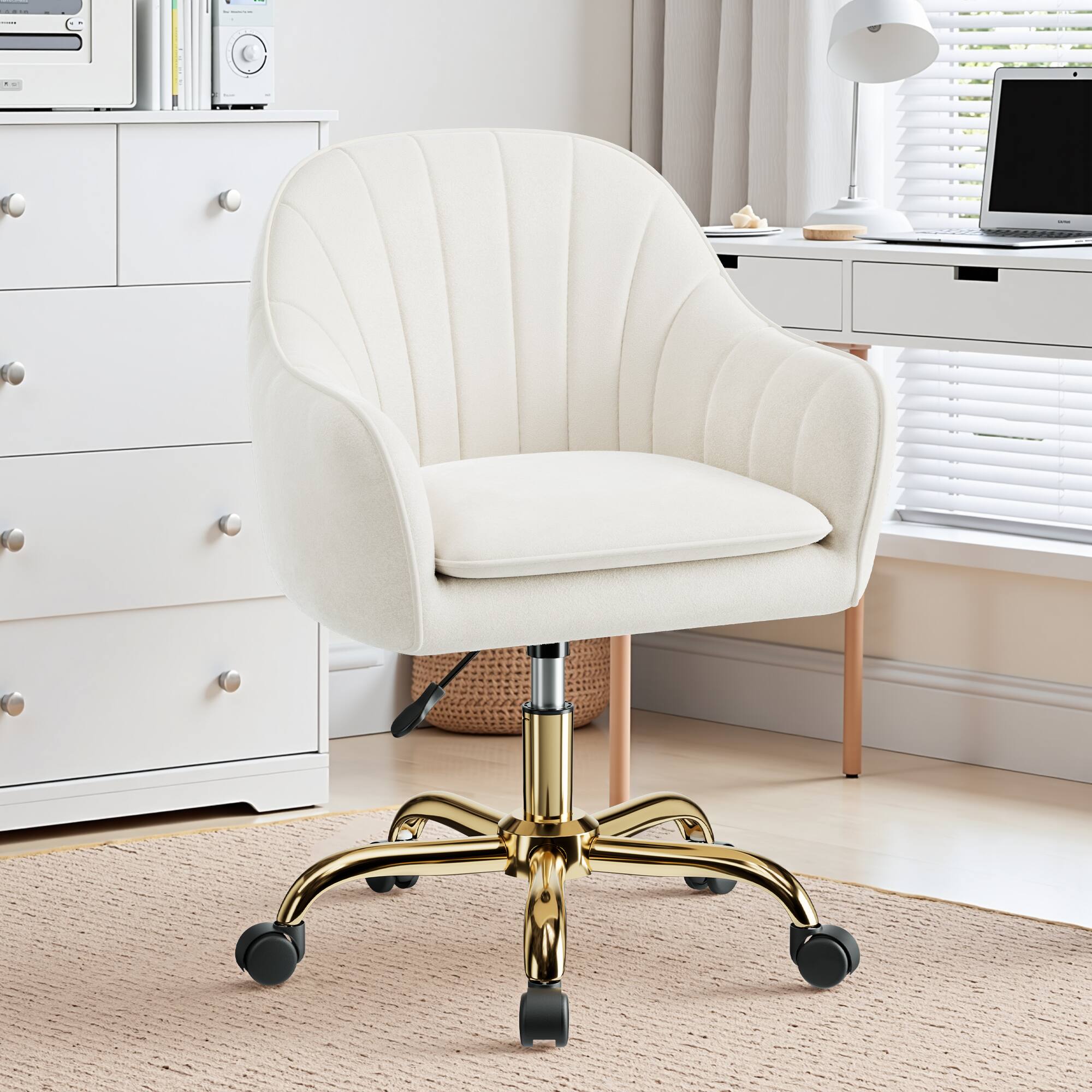 Alt View 6. KERDOM - Upholstered Velvet Vanity Chair with Back & Wheels, Swivel Rolling Home Office Chair, Padded Dresser Chair Makeup Room - Beige.