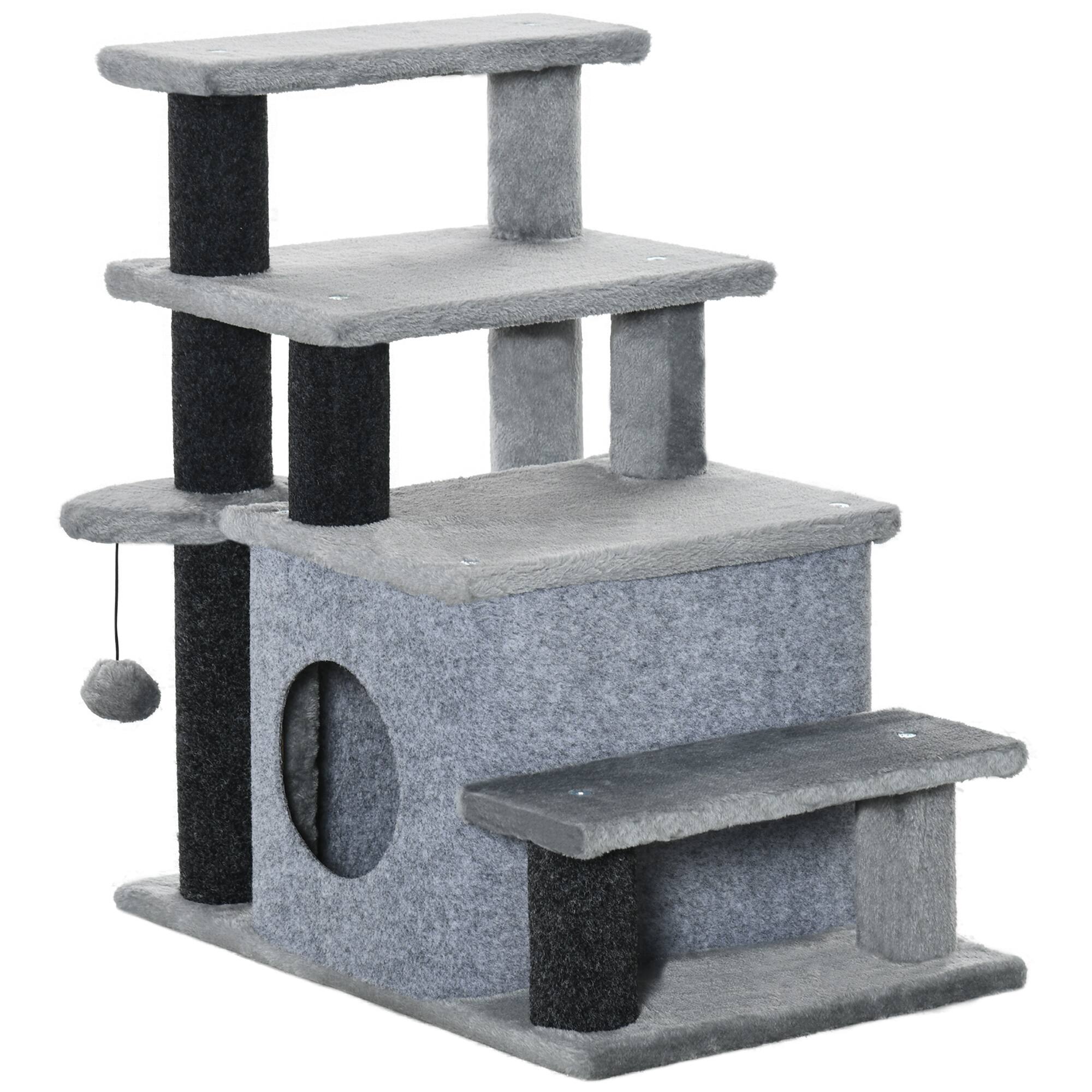 Front. Pawhut - Height 3 Step/4 Step Cat Stairs with Cat Scratching Post, Cat Condo, Toy Ball, for Bed, Sofa - Gray.