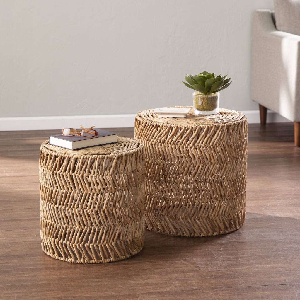 Back. Hivvago - Hivvago Set Of Two 18 Inch Woven Rattan End Tables - Brown.