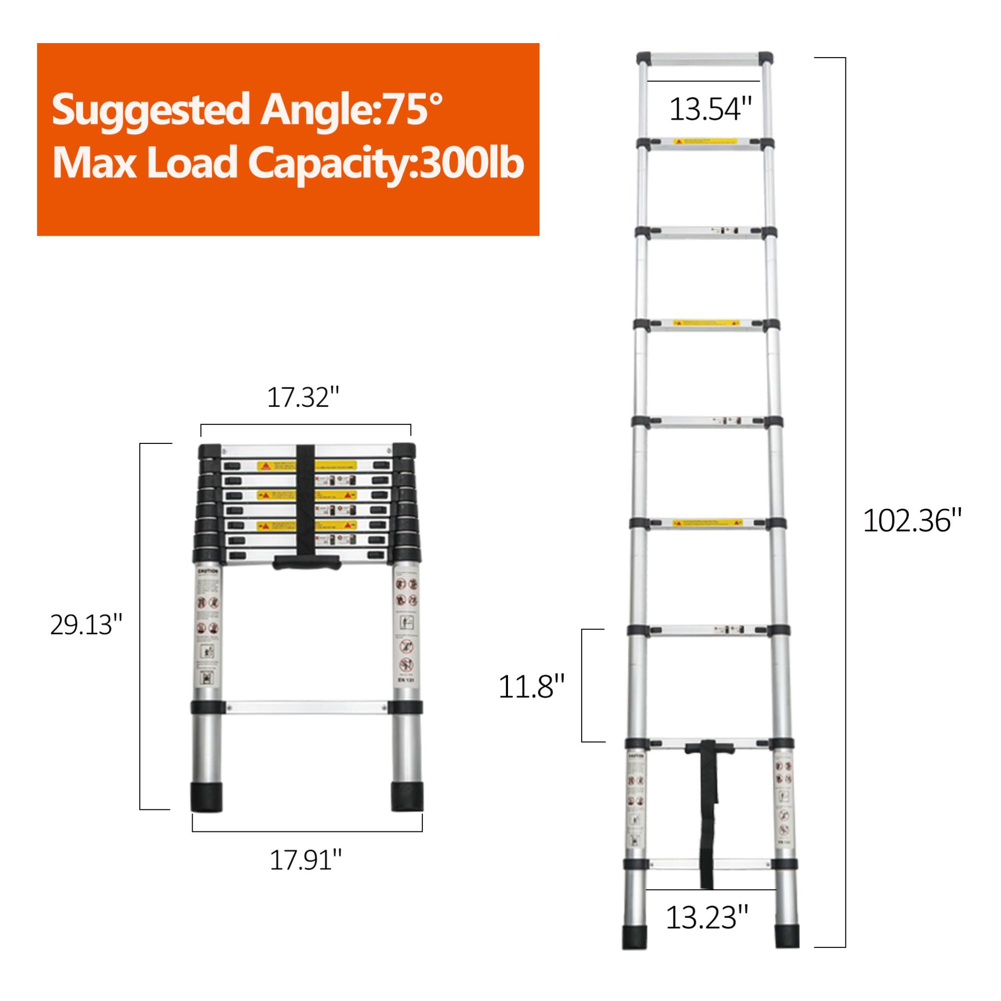 Suggested Angle: 75°  
Max Load Capacity: 300lb  

Dimensions:  
- 17.32" (width)  
- 29.13" (height)  
- 17.91" (depth)  
- 11.8" (depth of shelf)  

Ladder:  
- 13.54" (width)  
- 102.36" (height)  
- 13.23" (depth)