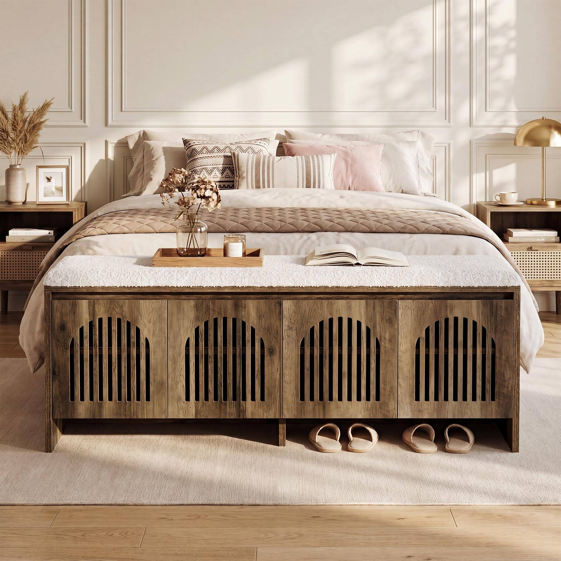 Back. Tribesigns - 55" Upholstered End of Bed Bench, Farmhouse Wooden Bedroom Bench with Storage Cabinet for Bedroom End of Bed, Living Roo - Brown and White.